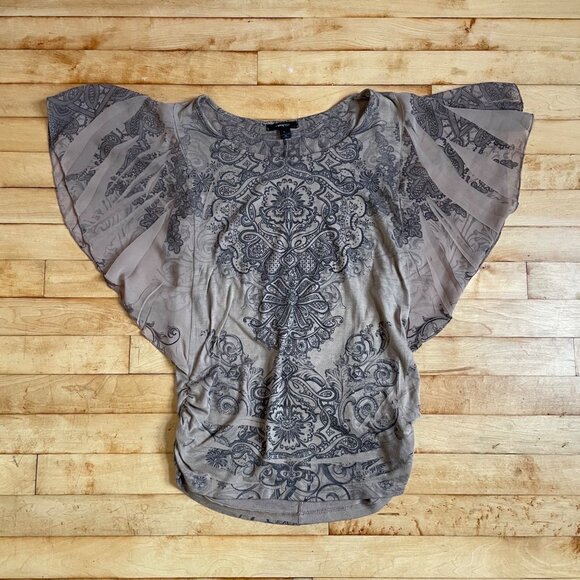 Vintage Espresso Boho Baroque Top M | Sheer Flutter Sleeve Blouse Romantic Boh0 - Picture 3 of 10